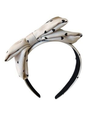 Cream Bow Headband with Black Heart Print